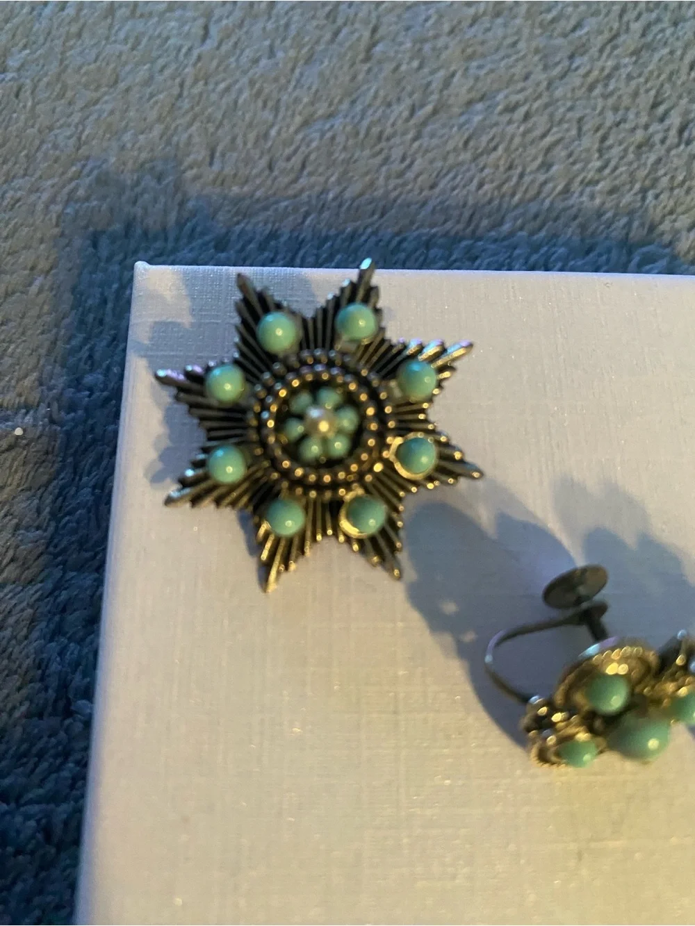 Vintage Turquoise Floral Star Brooch and Clip Earrings Set